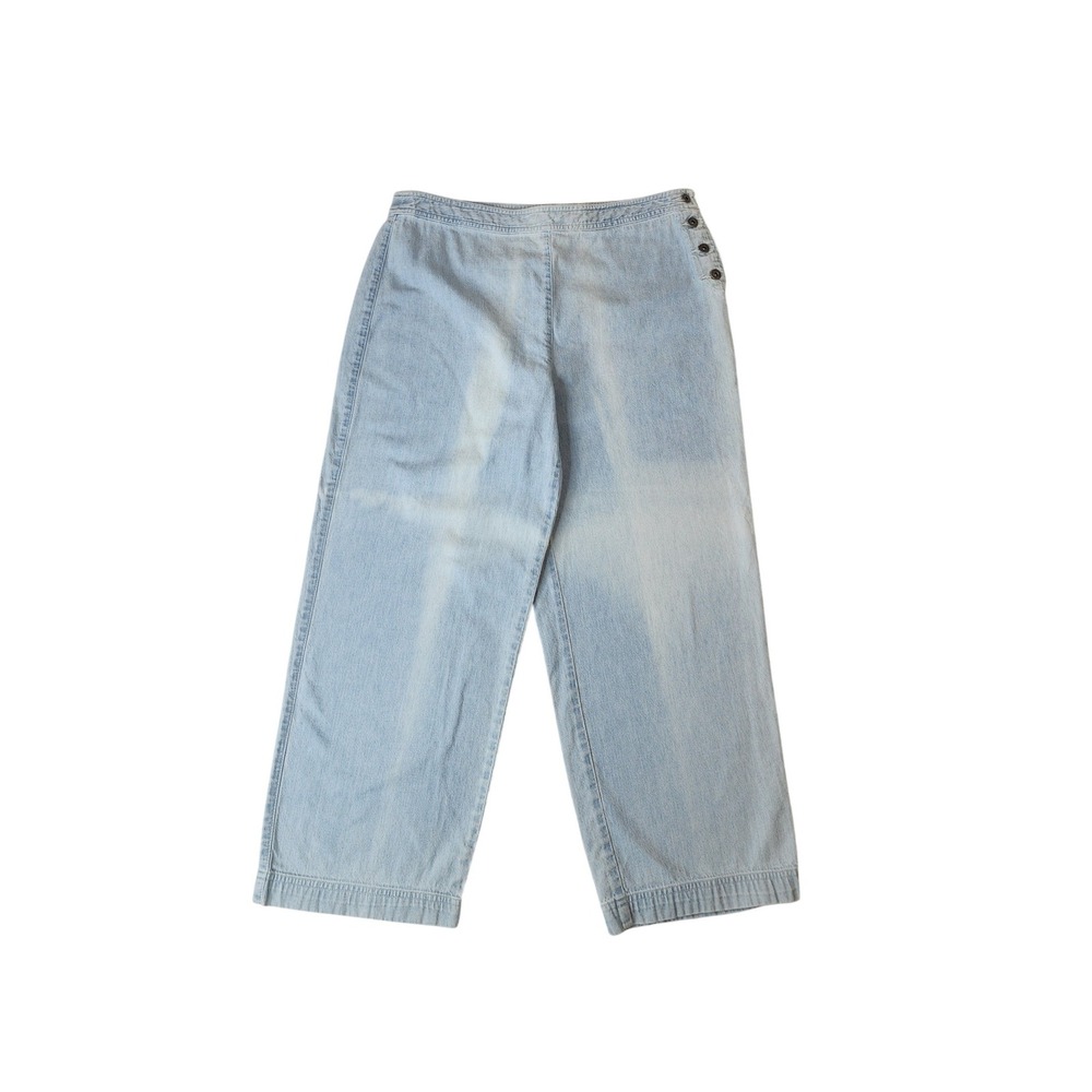 Liz Claiborne Denim Wide Leg Pants 14 Light Wash Soft Side Button Costal Grandma